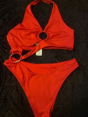 Never Worn Red Ring-Detail Halter Bikini Set